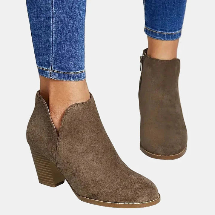 Nadine ankle boots in taupe, back and side view showing V-cut topline