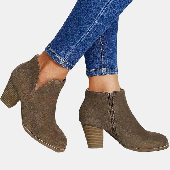 Nadine ankle boots in taupe, side profile showing stacked block heel