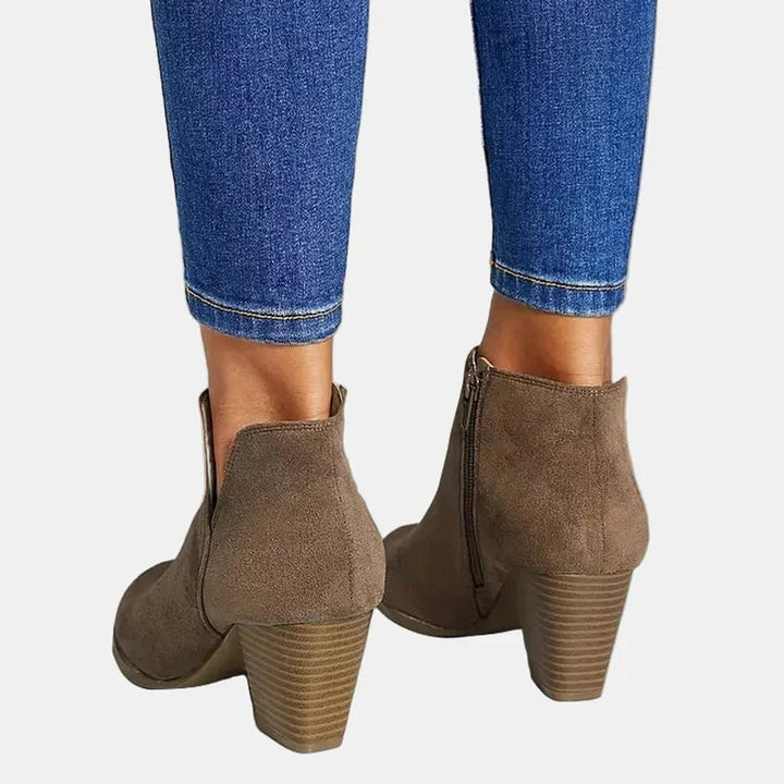 Nadine ankle boots in taupe, back view of heel and zipper
