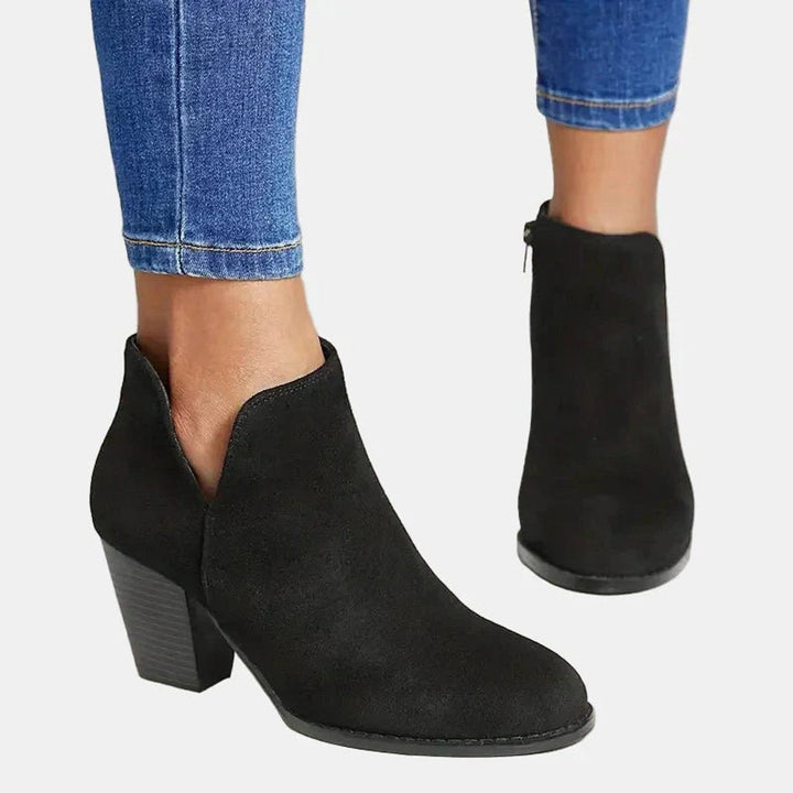 Nadine ankle boots in black, side and back view showing block heel