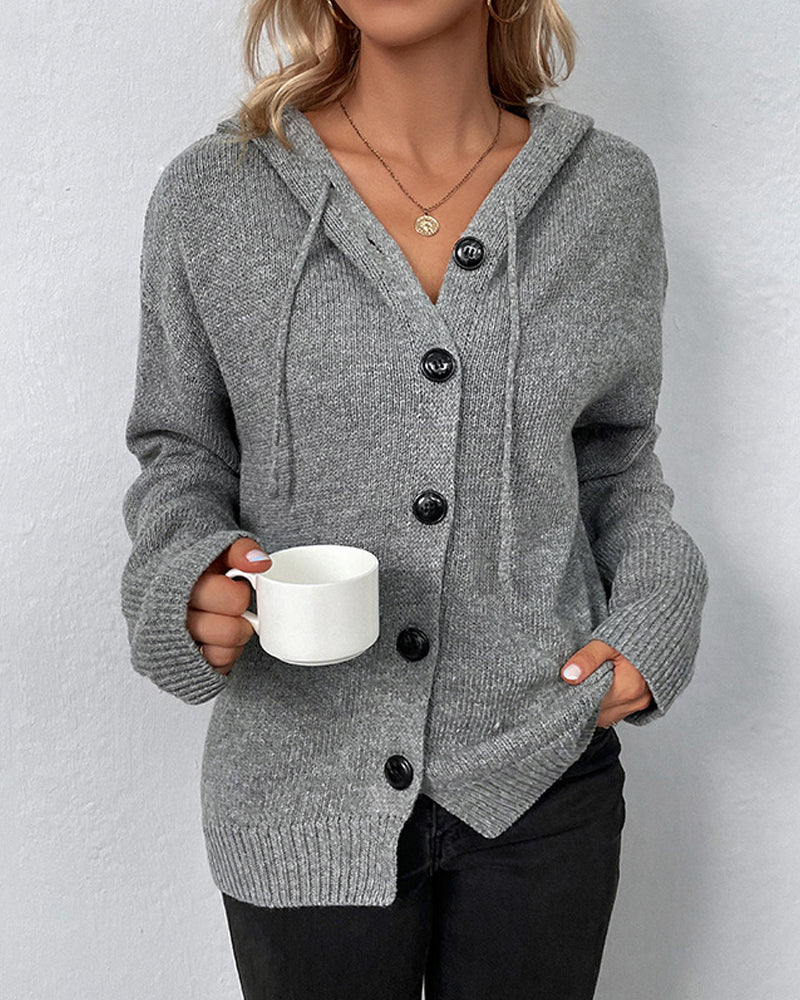 Nadine hooded button front knit cardigan, close-up front view with coffee cup