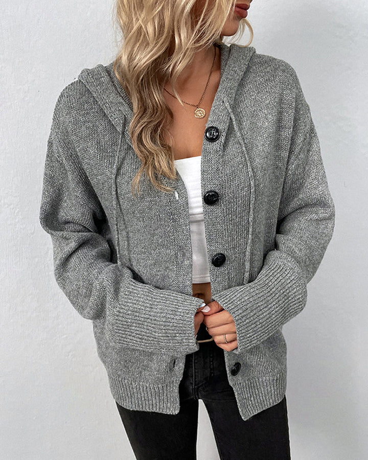 Nadine hooded button front knit cardigan, front view over white top