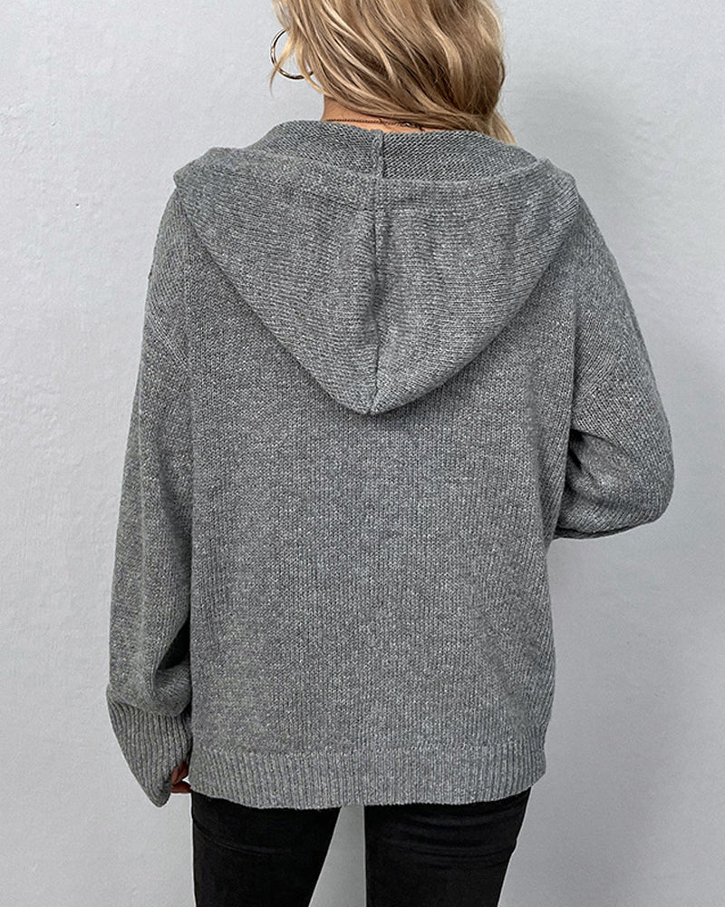 Nadine hooded button front knit cardigan, back view showing hood