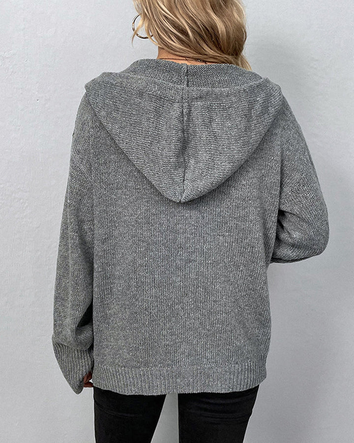 Nadine hooded button front knit cardigan, back view showing hood