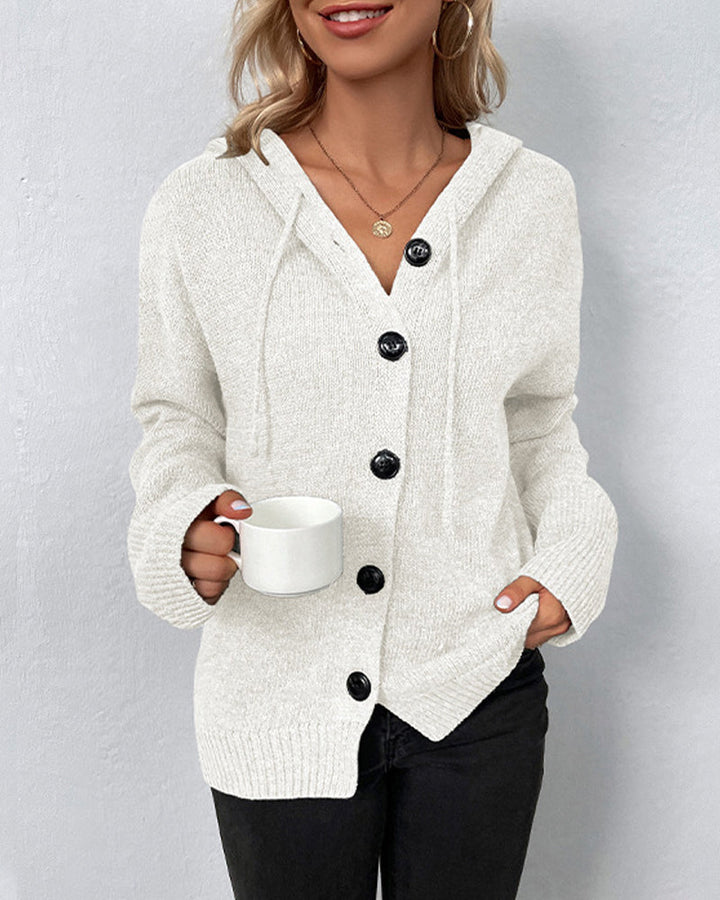 Nadine hooded button front knit cardigan in white, front view