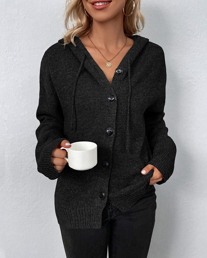 Nadine hooded button front knit cardigan in black, front view