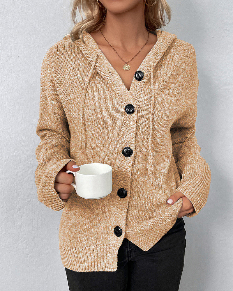 Nadine hooded button front knit cardigan in khaki, front view