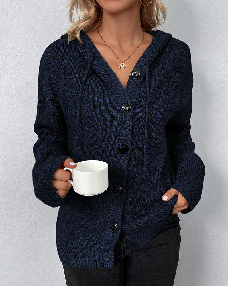Nadine hooded button front knit cardigan in navy, front view