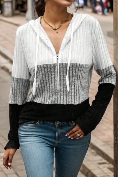 Nadine hooded quarter zip colorblock sweater, front view close up