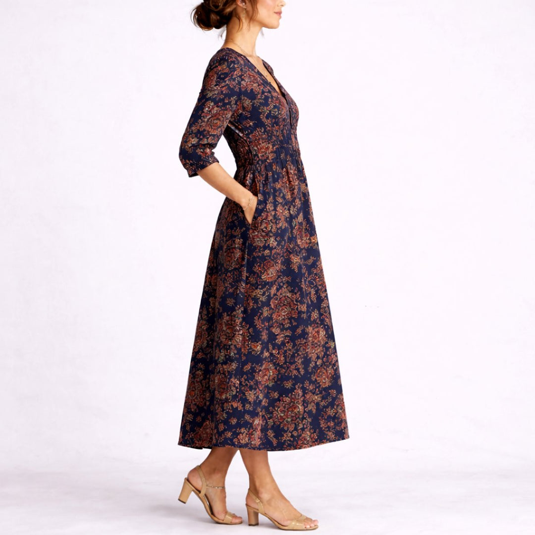 Nadine floral maxi dress side profile view walking