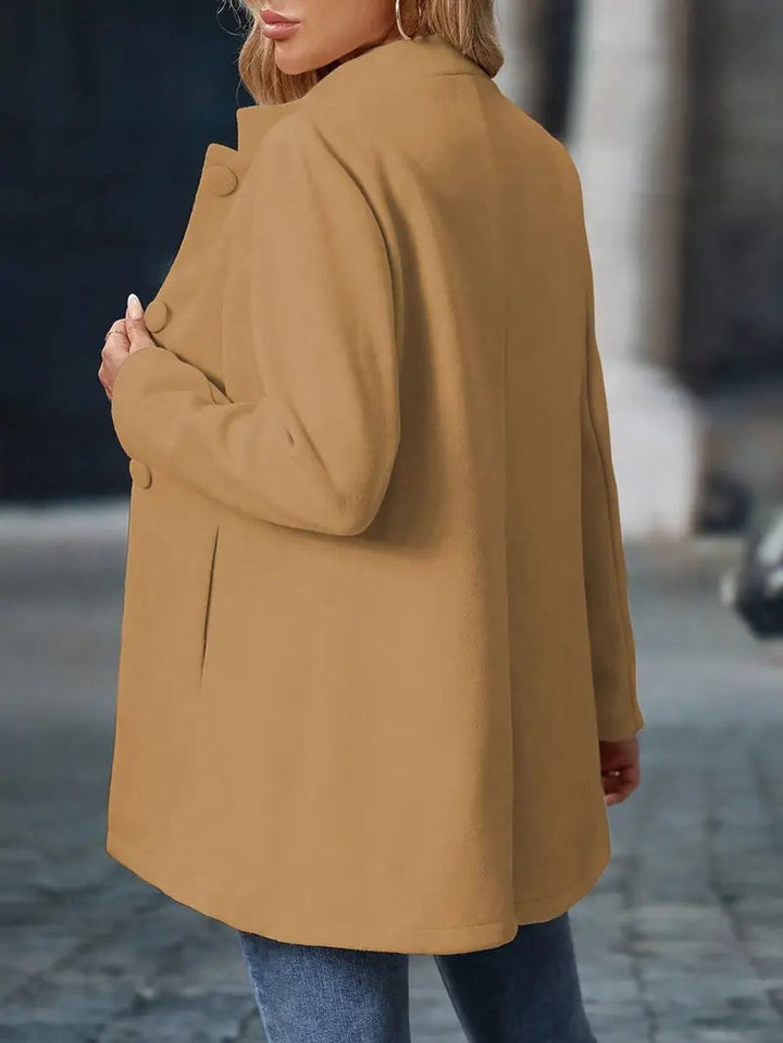 Naomi camel longline blazer coat, back view showing collar and button detail