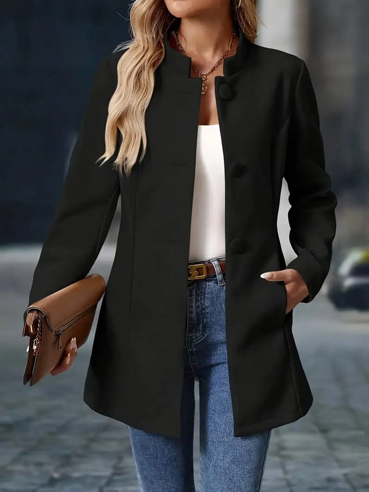 Naomi black longline blazer coat, back view showing collar detail