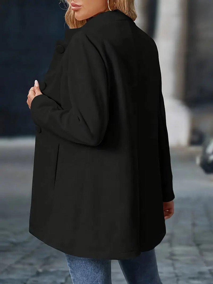 Naomi black longline blazer coat, close-up front view of stand collar and buttons