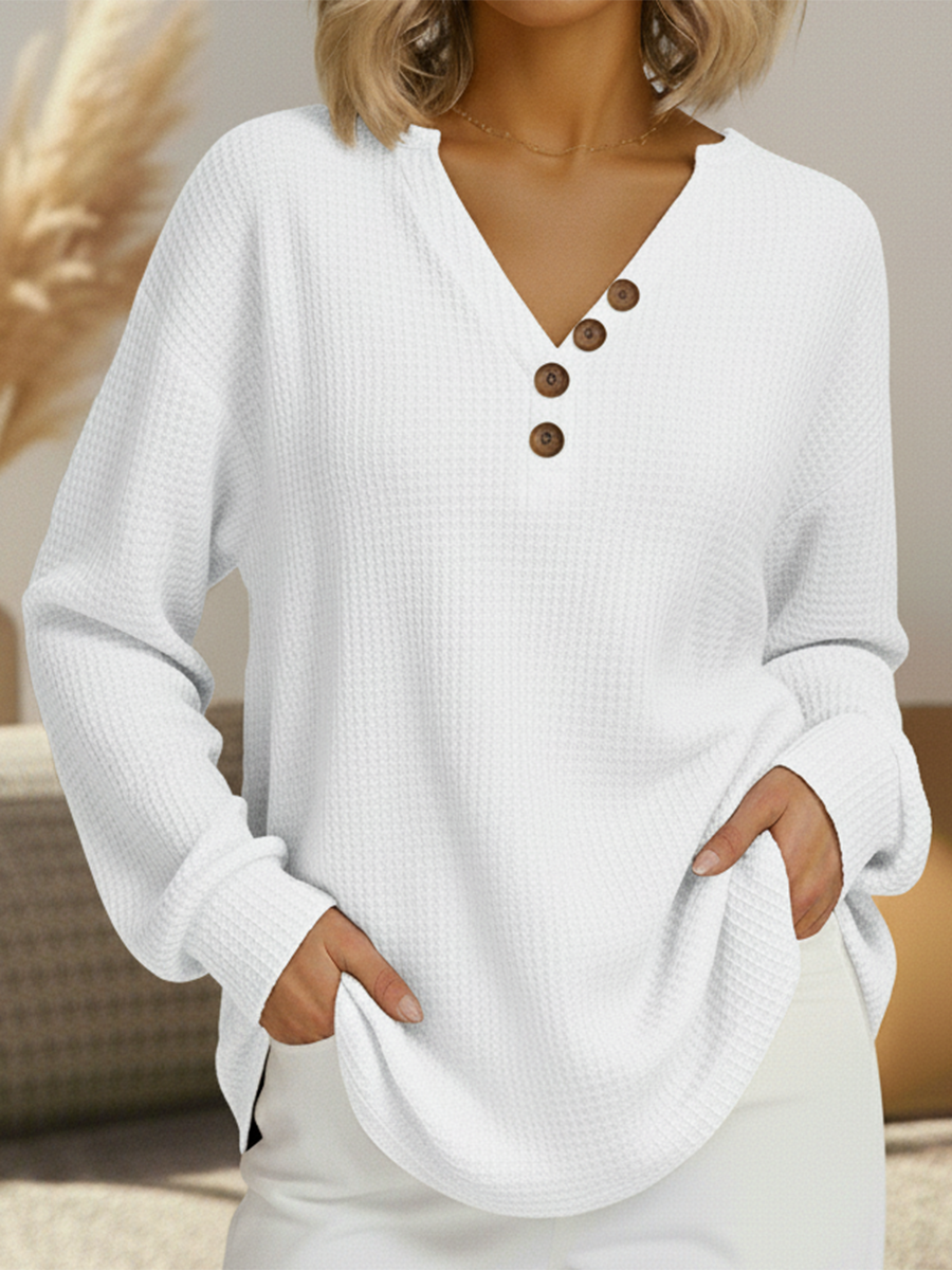 Noelle button front V-neck waffle knit sweater in white, front view