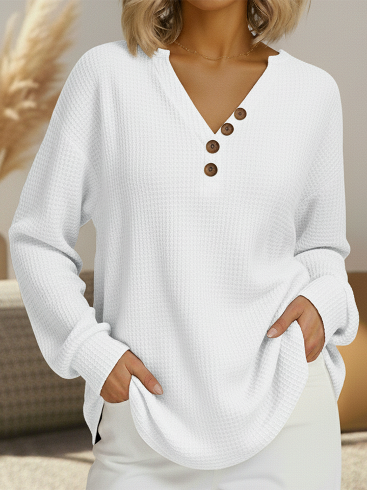 Noelle button front V-neck waffle knit sweater in white, front view