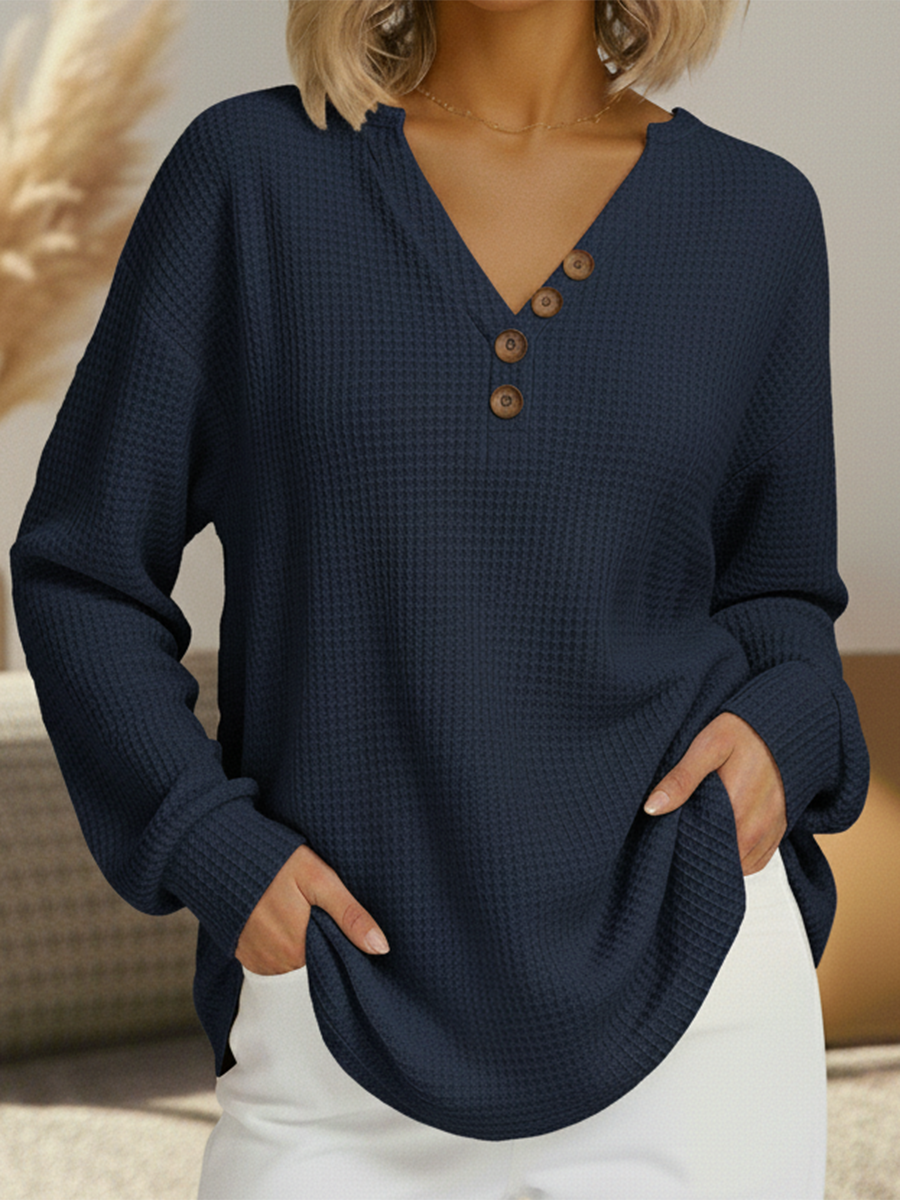 Noelle button front V-neck waffle knit sweater in navy, front view