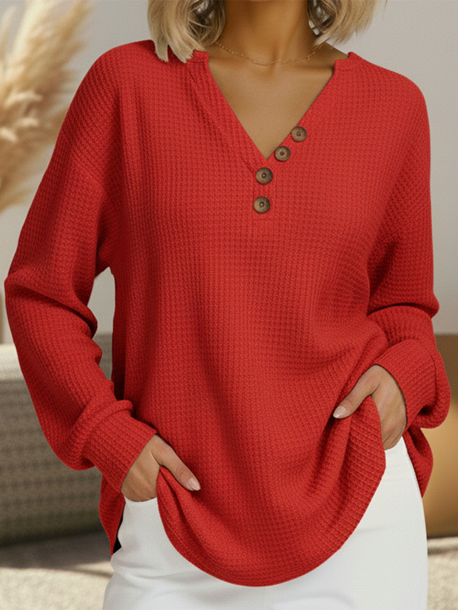 Noelle button front V-neck waffle knit sweater in red, front view