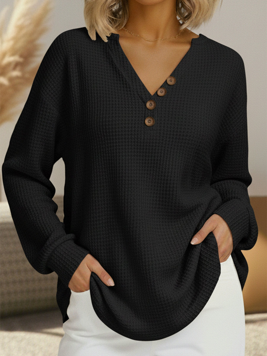 Noelle button front V-neck waffle knit sweater in black, front view
