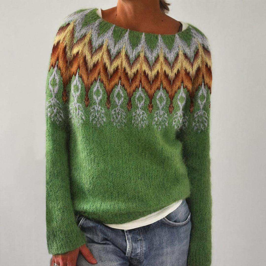 Nora | Women's Fair Isle Crew Neck Long Sleeve Sweater – Green