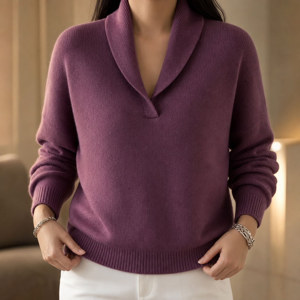 Odalys shawl collar ribbed knit pullover sweater, close-up front view