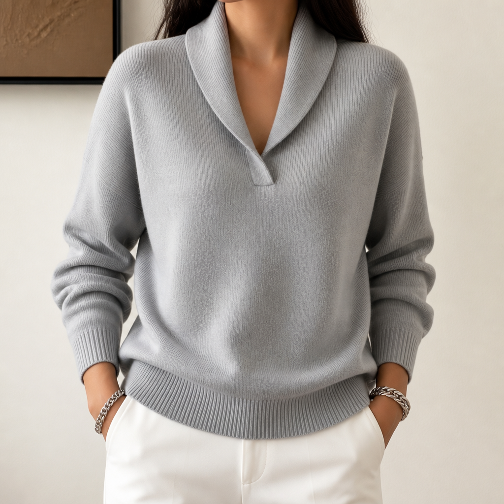 Odalys shawl collar pullover sweater shown with a v-neck sweater, side by side comparison