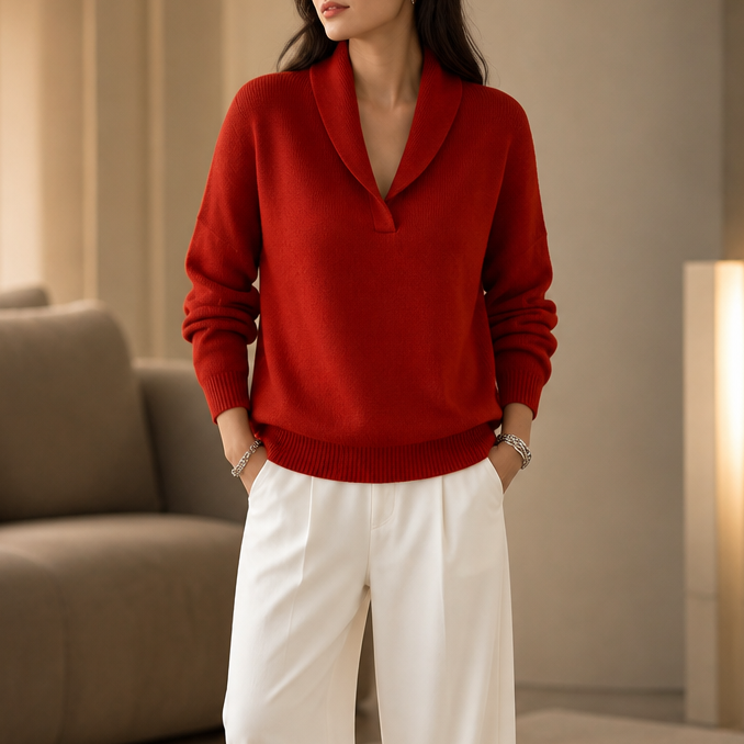 Odalys shawl collar pullover sweater shown with a v-neck sweater, side by side comparison