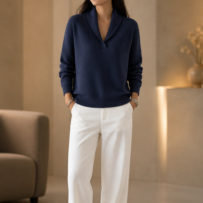 Odalys shawl collar pullover sweater shown with a v-neck sweater, side by side comparison