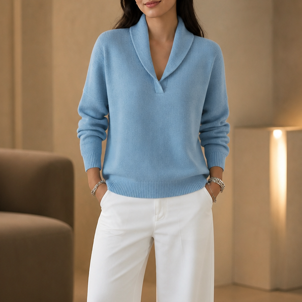Odalys shawl collar pullover sweater shown with a v-neck sweater, side by side comparison