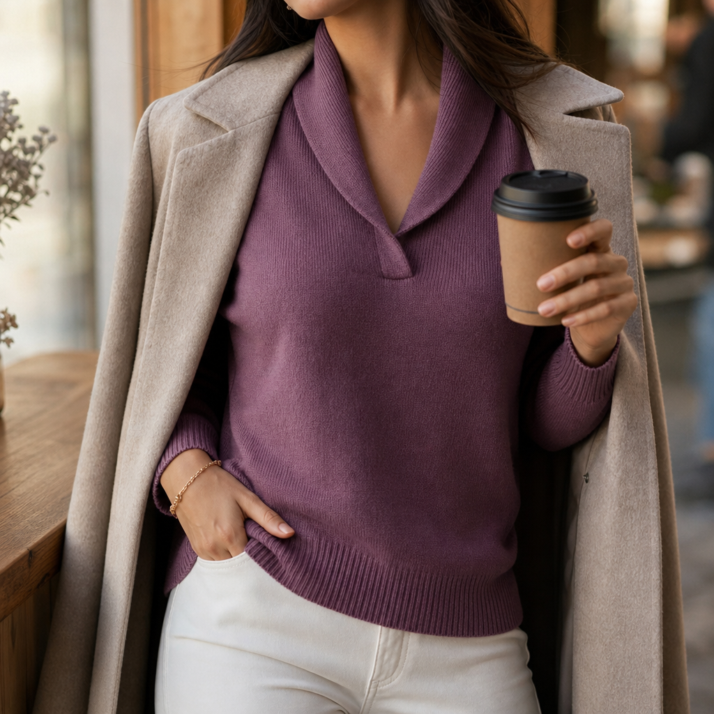 Odalys shawl collar pullover sweater styled with a coat, outdoor coffee look