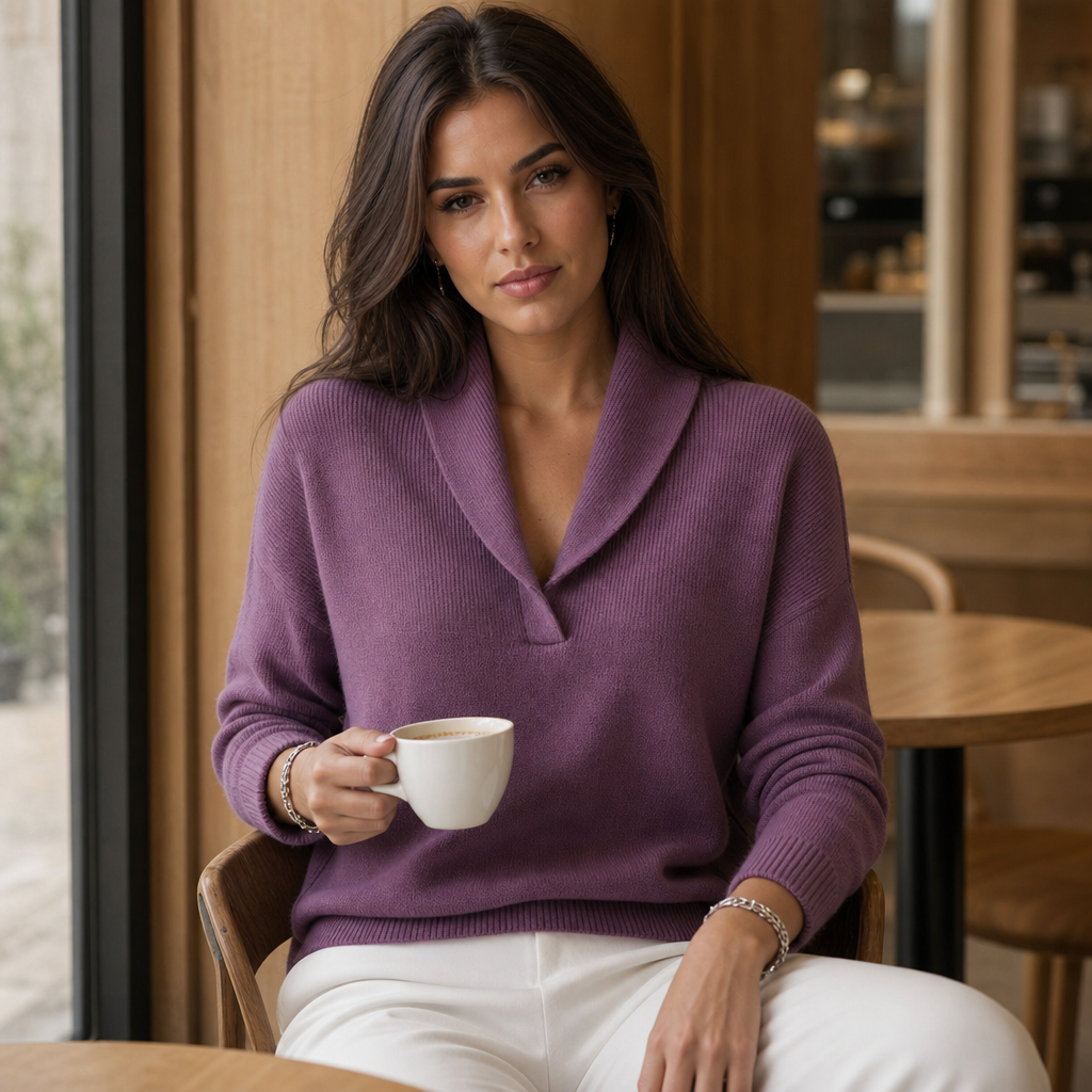 Odalys shawl collar pullover sweater, seated portrait with coffee cup