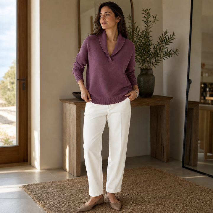 Odalys shawl collar pullover sweater shown with a v-neck sweater, side by side comparison