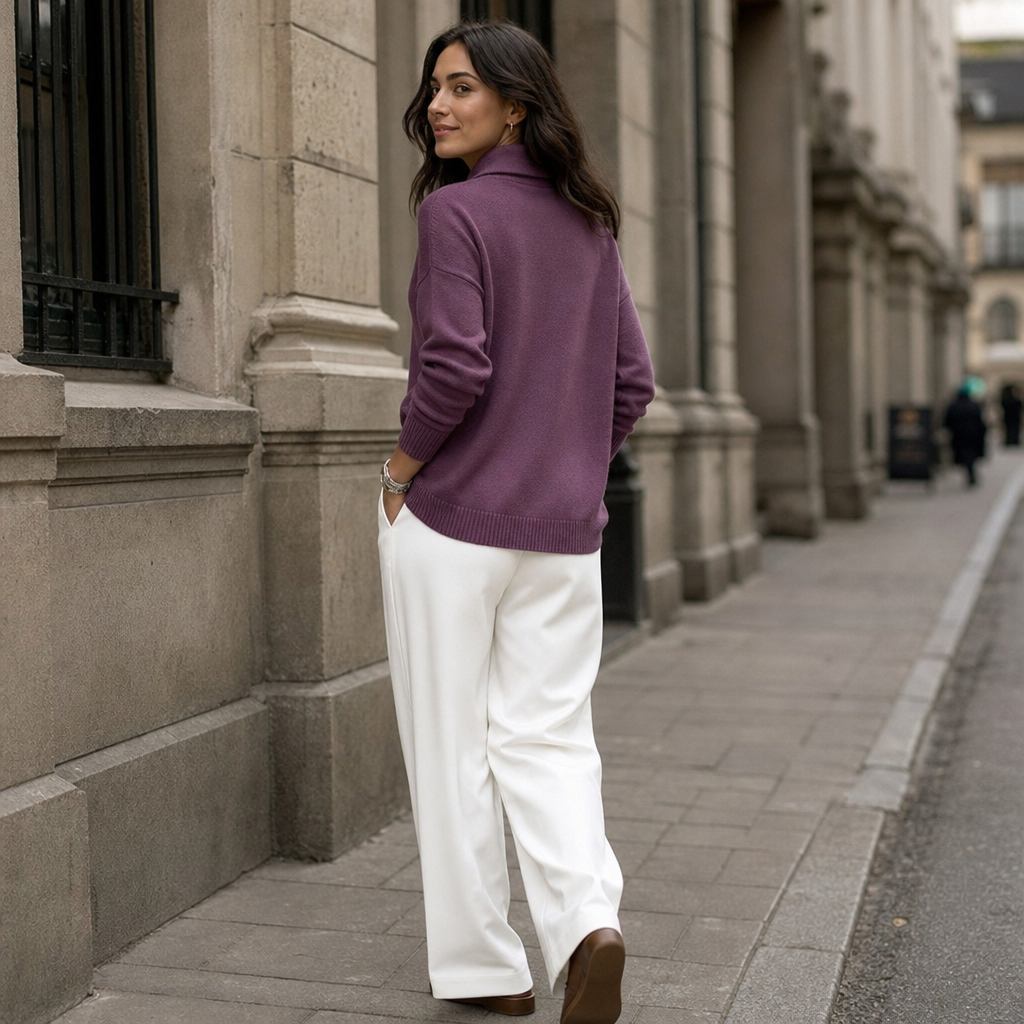 Odalys shawl collar pullover sweater shown with a v-neck sweater, side by side comparison