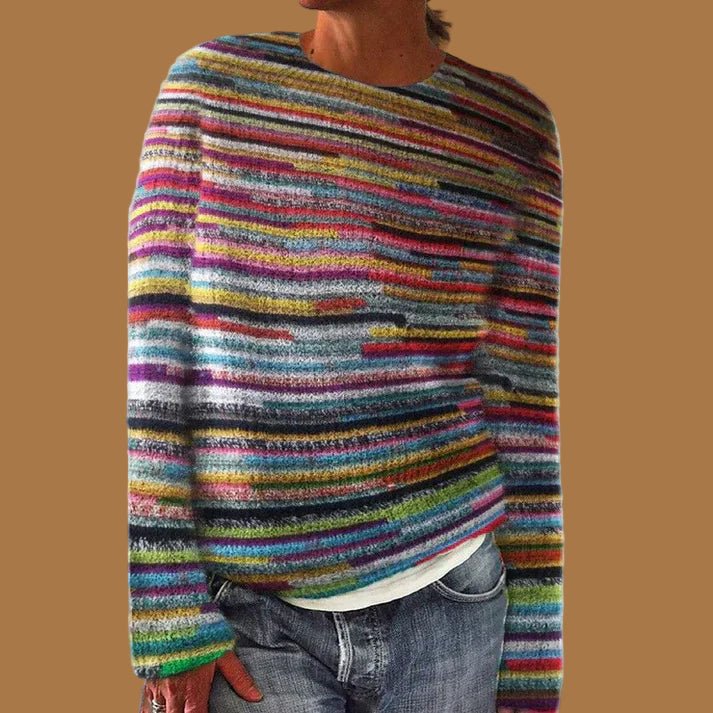 Odalys striped chunky knit sweater with crew neckline, front view on warm background