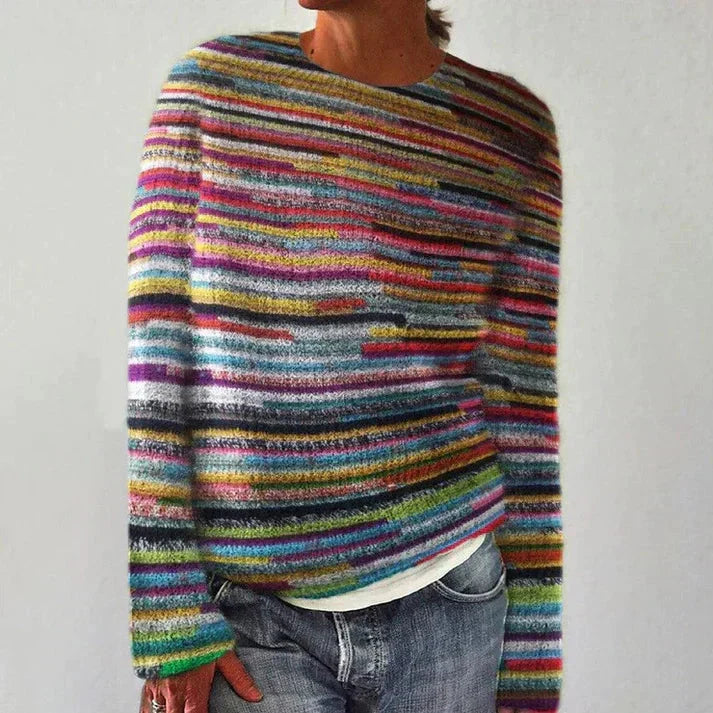Odalys striped chunky knit sweater with crew neckline, front view against light background