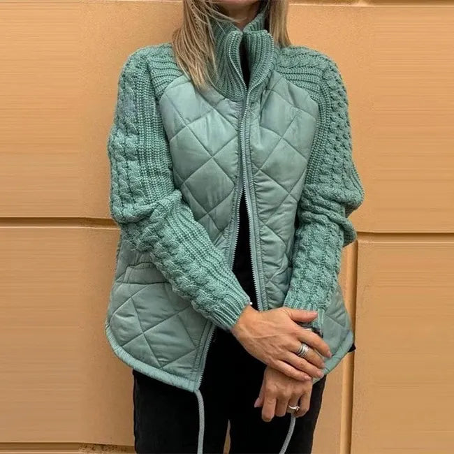 Odette quilted knit sleeve jacket in light green, front view