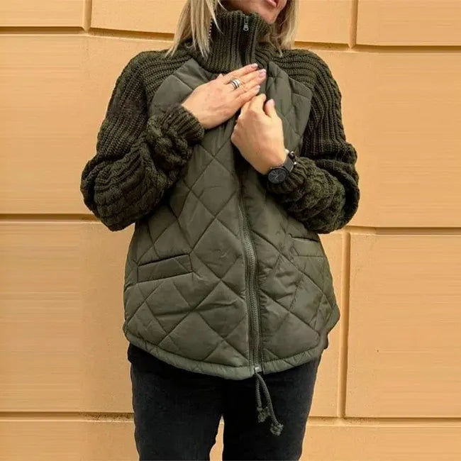 Odette quilted knit sleeve jacket in light green, front view