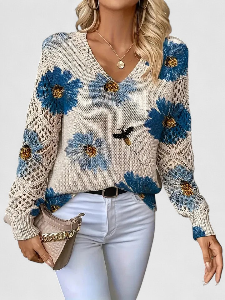 Odette floral V-neck knit sweater with blue print, front view