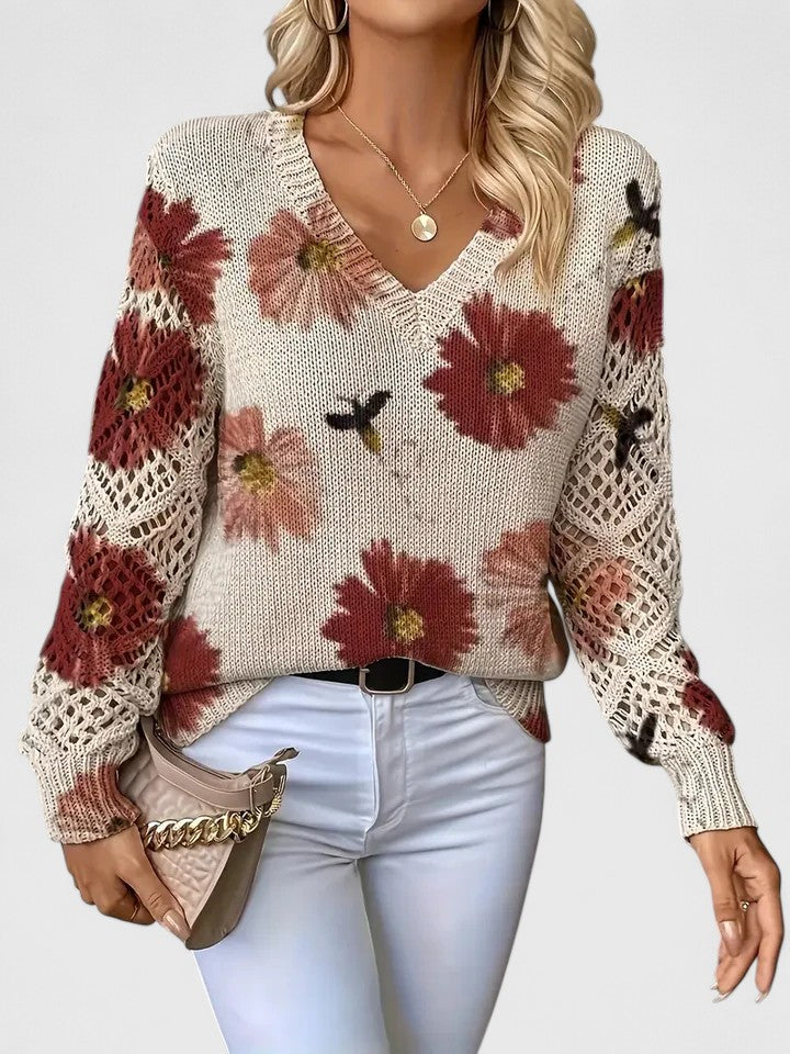 Odette floral V-neck knit sweater with red print, front view