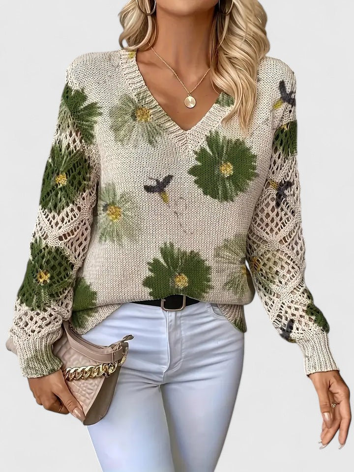 Odette floral V-neck knit sweater with green print, front view