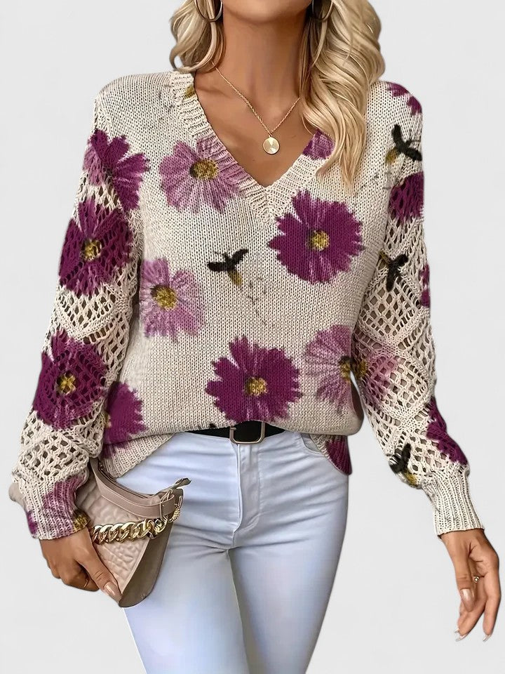 Odette floral V-neck knit sweater with purple print, front view