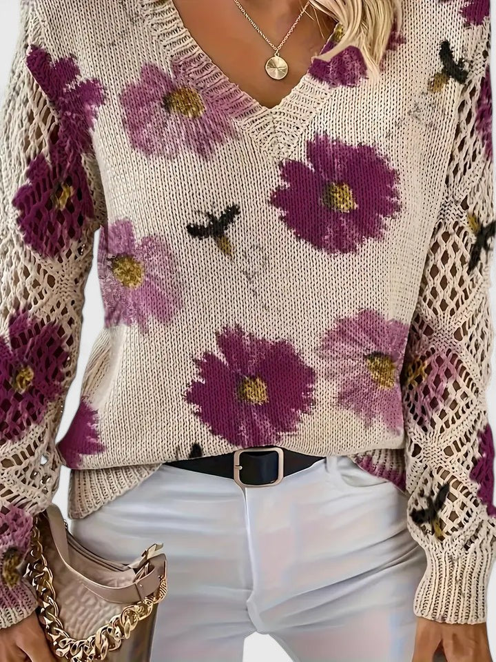 Odette floral V-neck knit sweater with purple print, close-up view