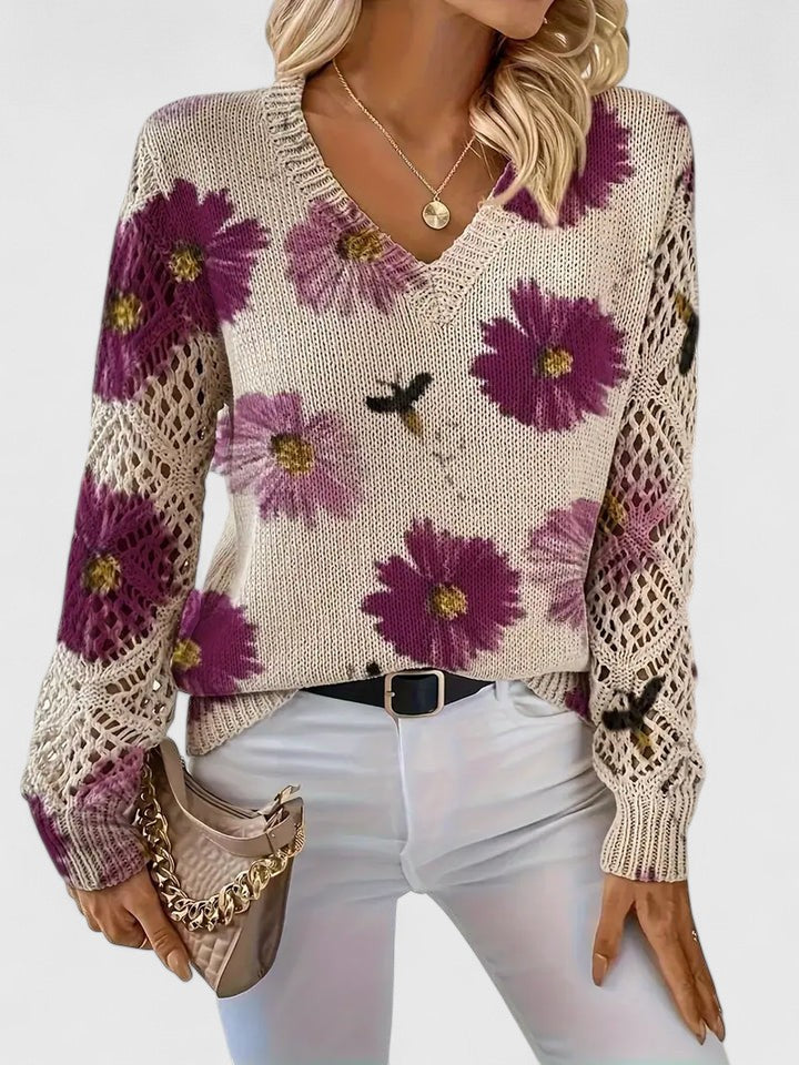 Odette floral V-neck knit sweater with purple print, styled view