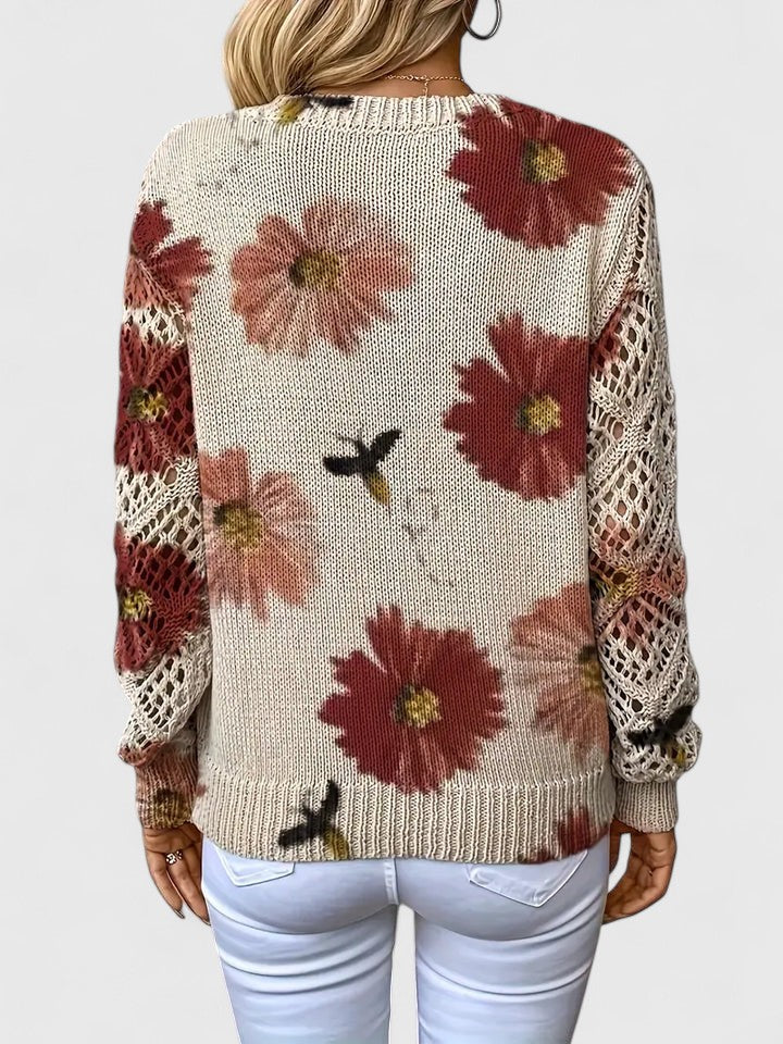 Odette floral V-neck knit sweater with red print, back view