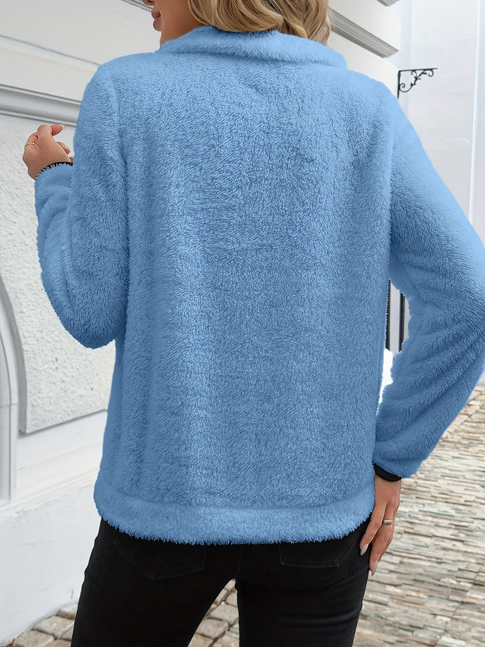 Odette blue half-zip pullover, back view