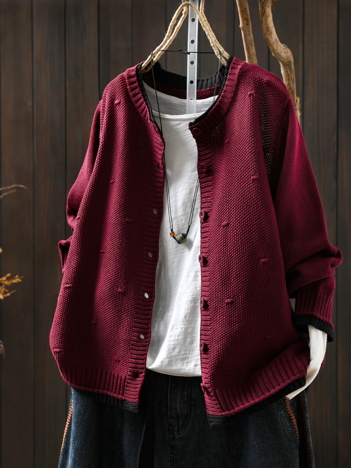 Odette oversized wine red knit cardigan buttoned, front view on hanger