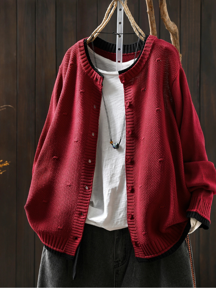 Odette oversized red knit cardigan open front, styled with white top