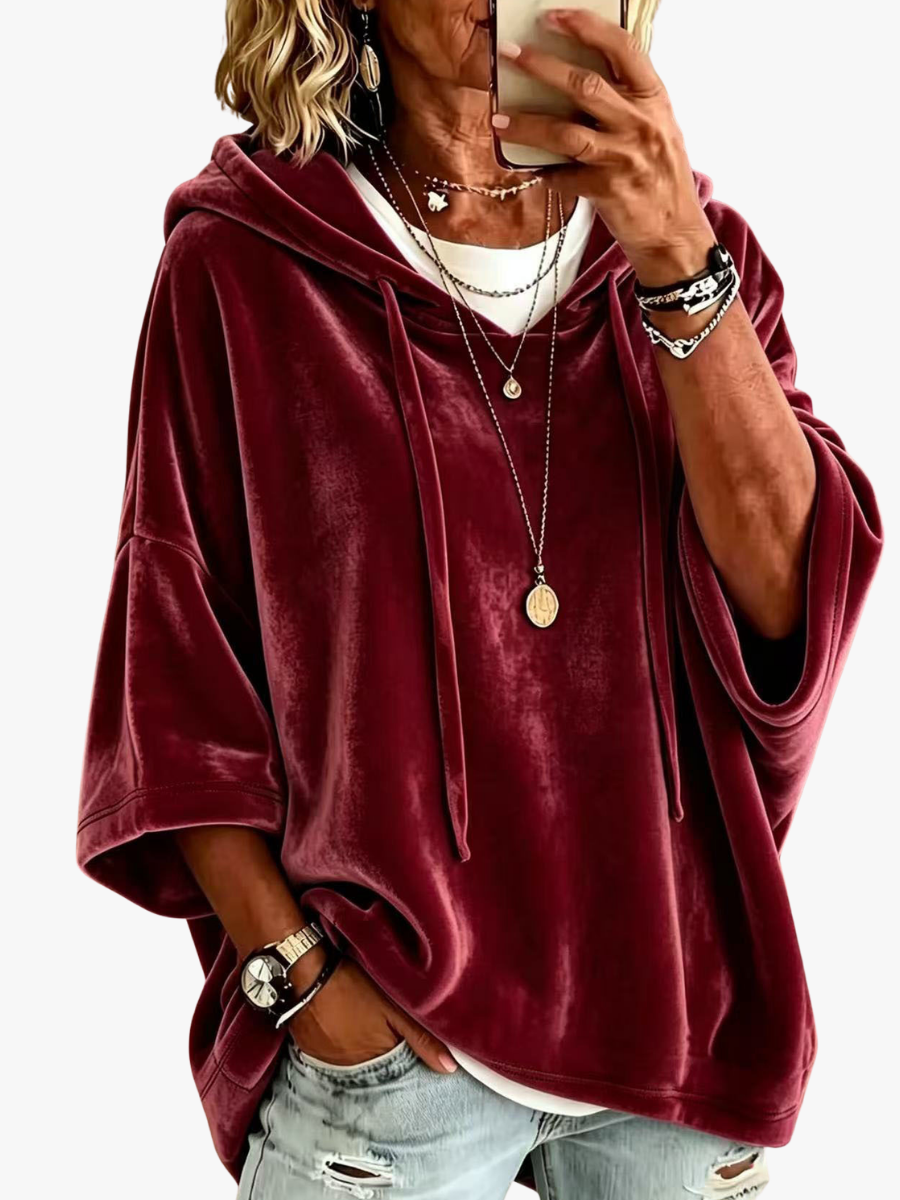 Odette oversized hooded sweater in burgundy, front view