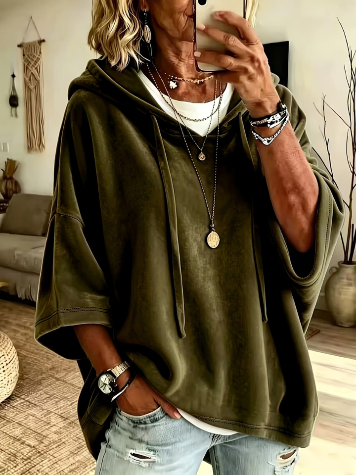 Odette oversized hooded sweater in olive green, front view