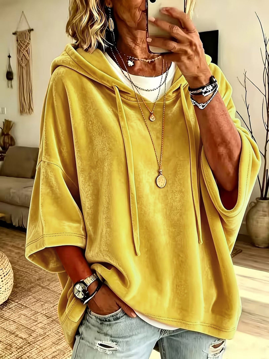 Odette oversized hooded sweater in yellow, front view