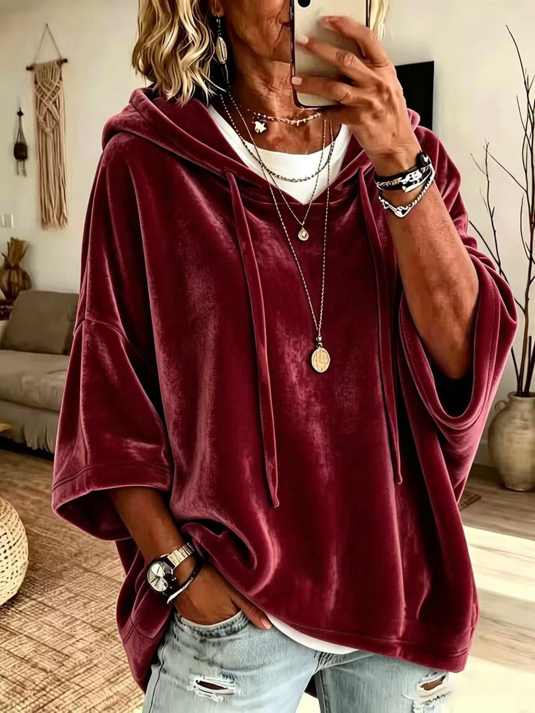 Odette oversized hooded sweater in burgundy, close-up view